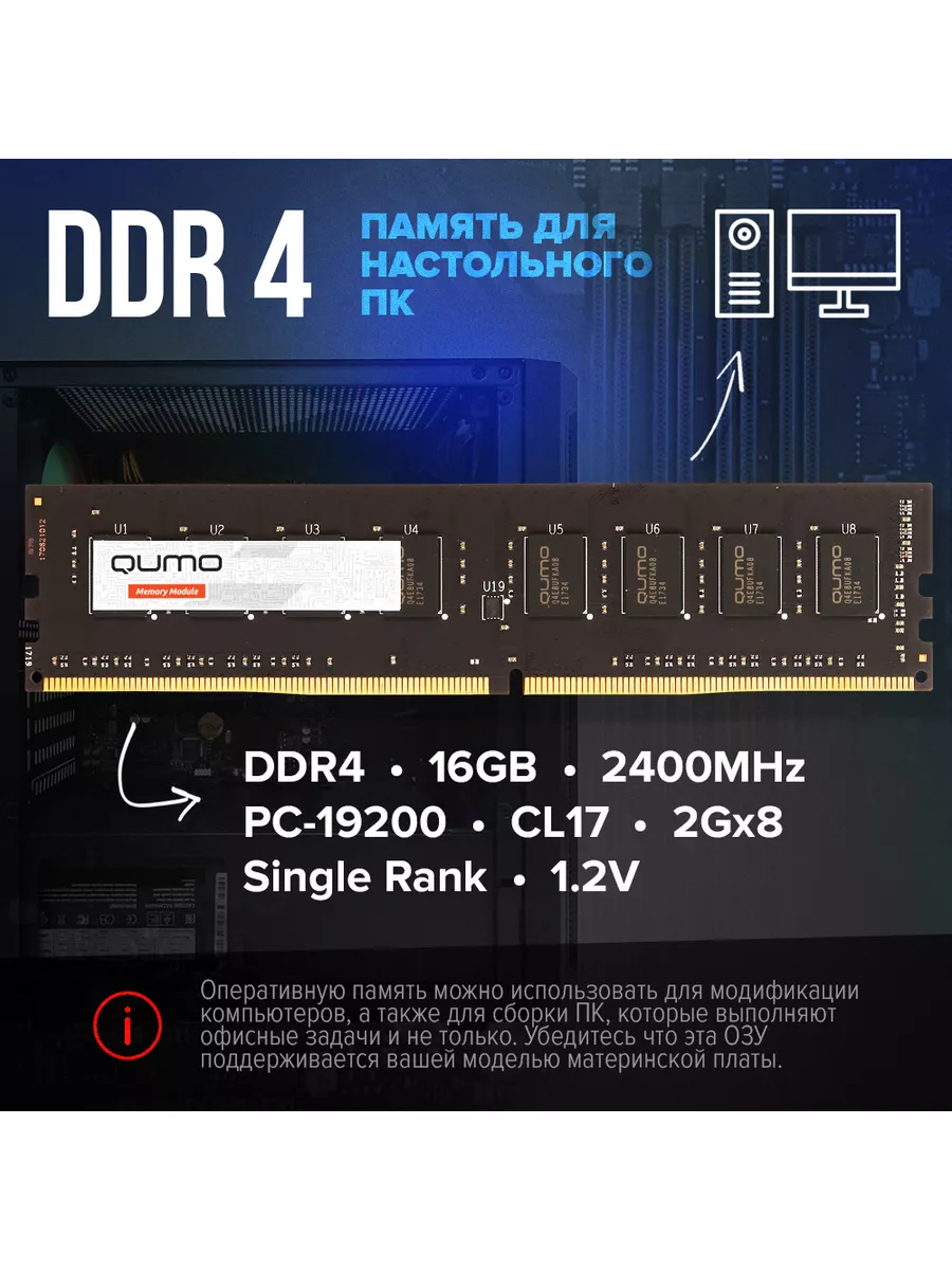 Оперативная память для ПК DDR4 16GB 2400MHz PC-19200 QUMO 28809879 купить в  интернет-магазине Wildberries