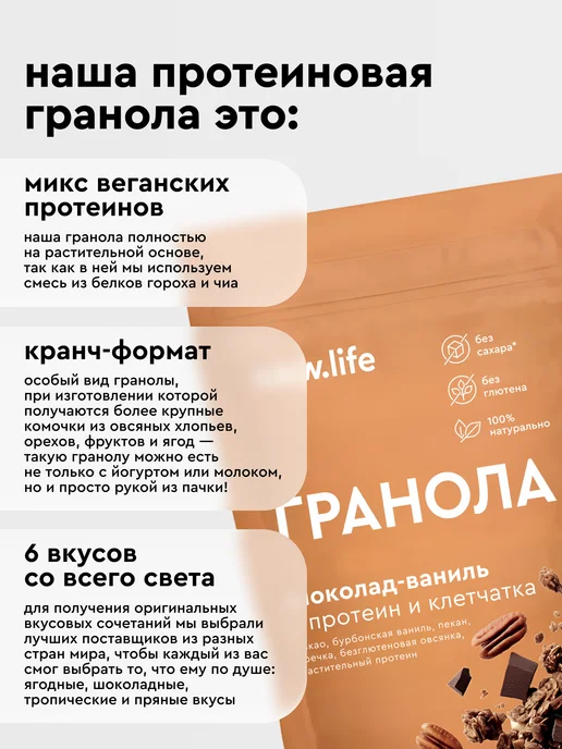 R.A.W.LIFE Гранола без сахара протеиновая Шоколад-Ваниль 220гр, 220 г, фото 3