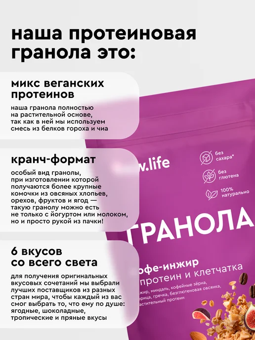 R.A.W.LIFE Гранола без сахара протеиновая Кофе-Инжир 220гр, 220 г, фото 3