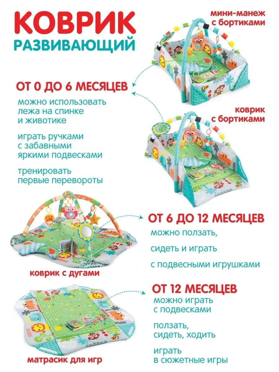 Коврик детский развивающий с бортиками и подвесками Джамбо тойз 28922904  купить за 3 578 ₽ в интернет-магазине Wildberries