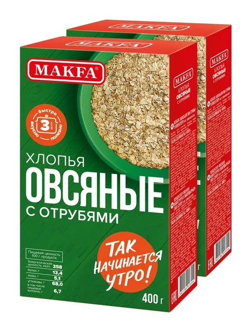Макфа Овсяные хлопья с отрубями б.п. 3 минуты, 2 шт. по 400 г, 2 шт, 400 г