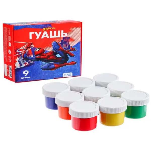 Гуашь 9 цветов х 20 мл, "Человек-паук"