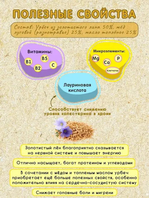 Мералад Урбеч из льна золотого паста с мёдом и маслом гхи 400г, 400 г, фото 2
