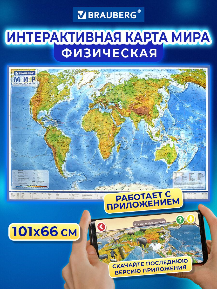 Настенная карта мира физическая, интерактивная, 101х66 см Brauberg 30125529  купить за 409 ₽ в интернет-магазине Wildberries