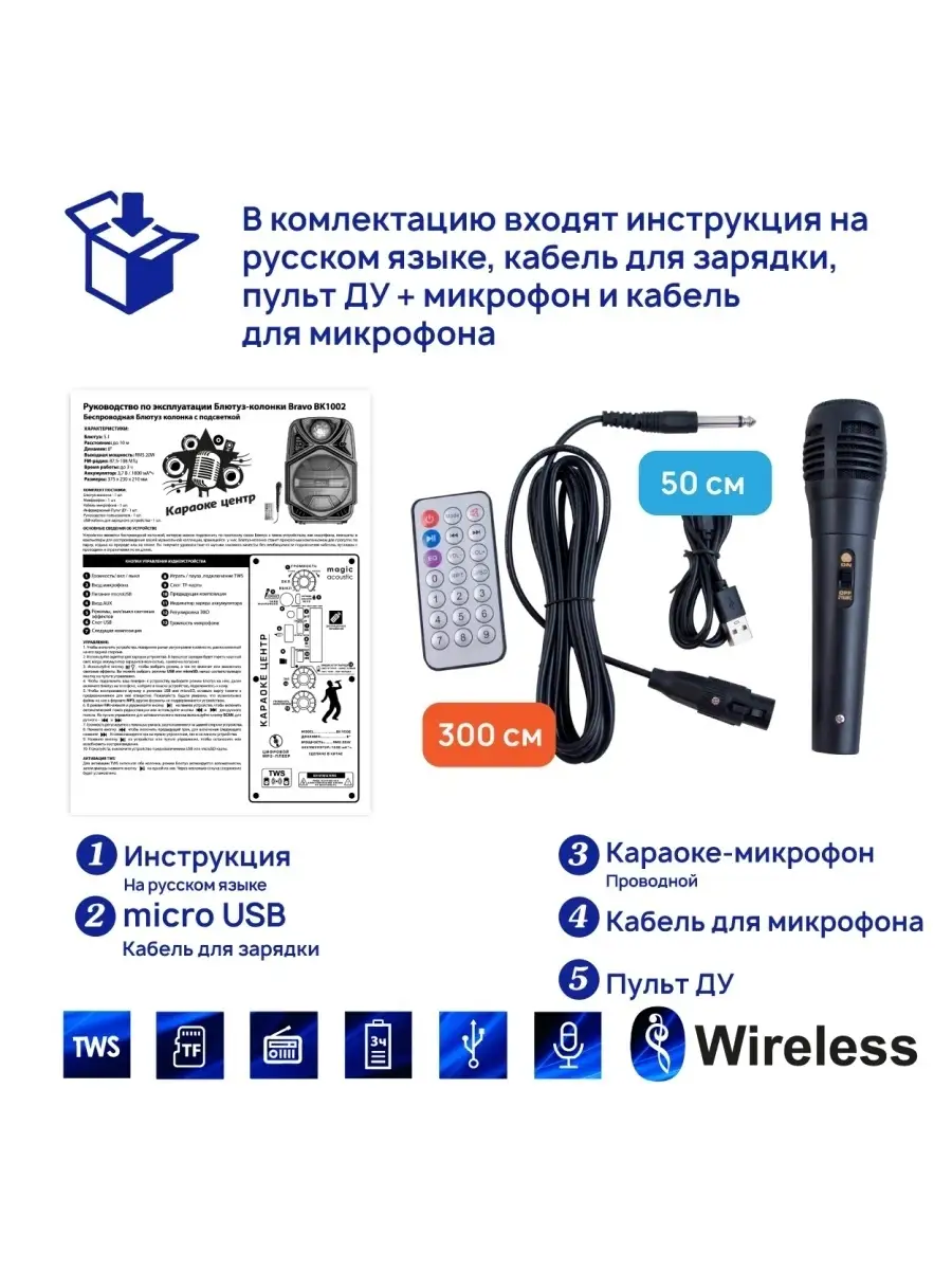 Караоке-система колонка Bluetooth USB AUX FM микрофон BK1002 Belsis  30136640 купить в интернет-магазине Wildberries