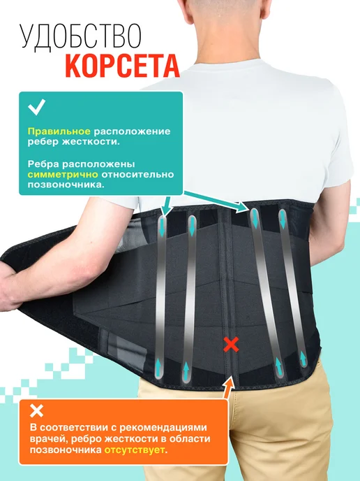 Trives Корсет для спины ортопедический грудопоясничный усиленный, черный, фото 6