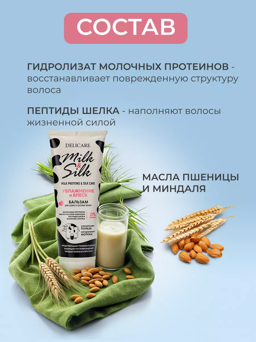 Бальзам для сухих и тусклых волос Milk&Silk Увлажнение и Блеск, 250 мл  Delicare 30393127 купить в интернет-магазине Wildberries