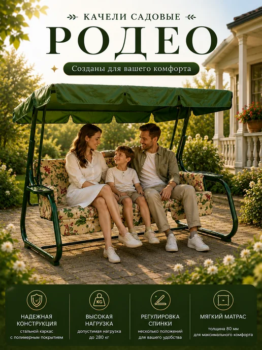 Ольса Качели садовые 3-х местные Родео, зеленый, фото 4