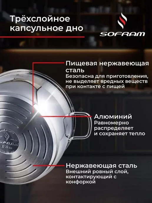 SOFRAM Жаровня с крышкой из нержавеющей стали с толстым дном 3, 3л, 3 л, фото 4