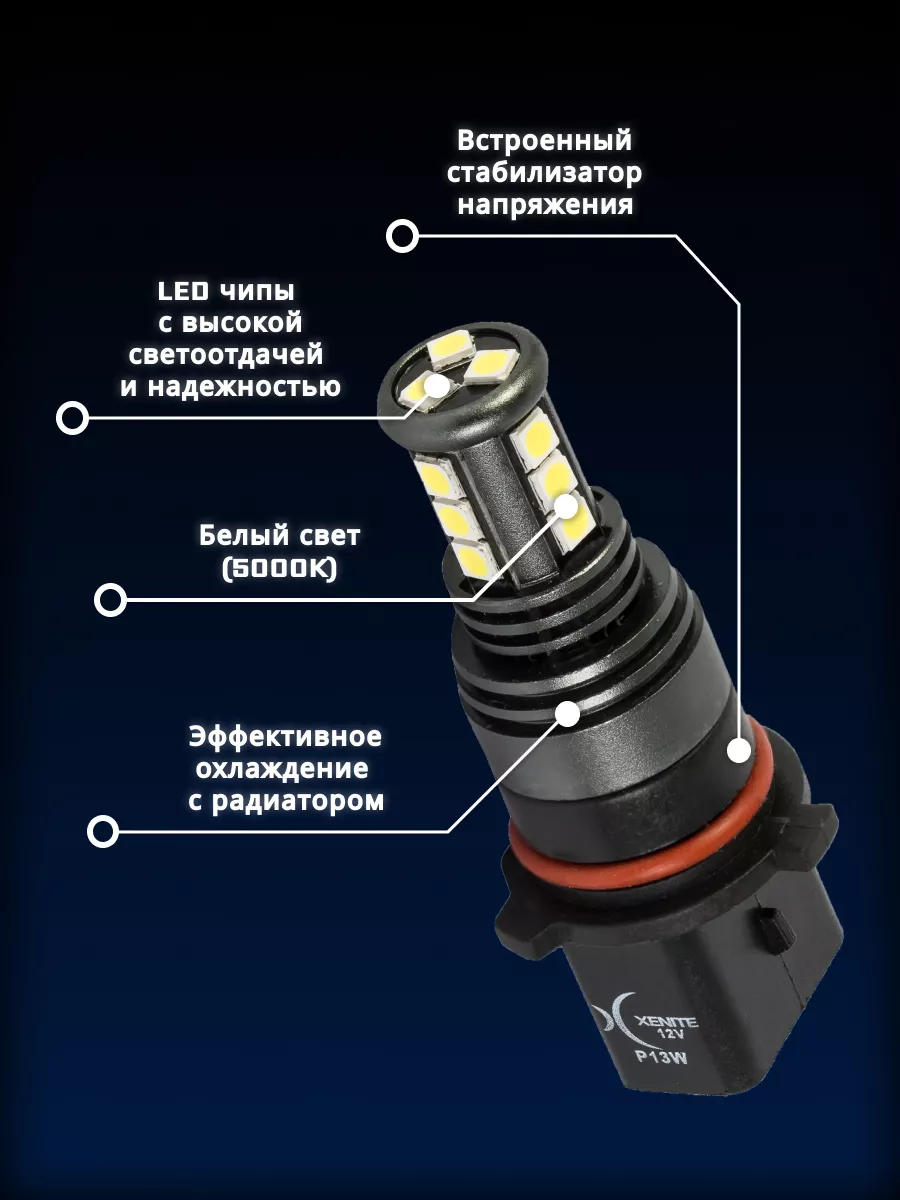 Светодиодная лампа P13W 15SMD(ПТФ/ДХО)750LM 5000K 12V (2шт) xenite 31335556  купить в интернет-магазине Wildberries