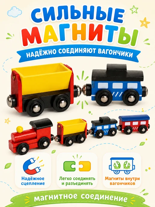 Играй с умом Поезд детский на магнитах развивающая игрушка деревянный, синий, фото 3