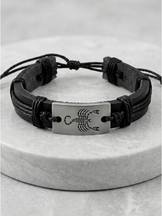 Jewellman Кожаный браслет со знаком зодиака, черный, фото 2