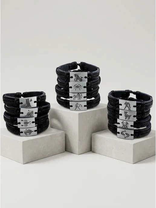 Jewellman Кожаный браслет со знаком зодиака, черный, фото 8