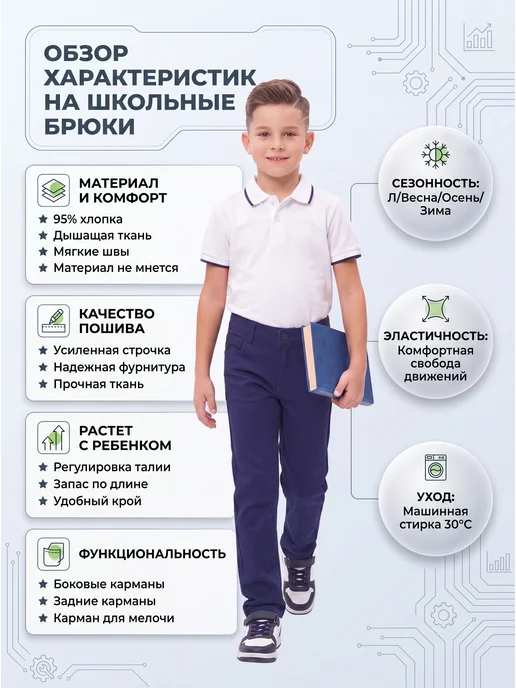 Yuke jeans Брюки школьные без стрелок в школу, синий, фото 2