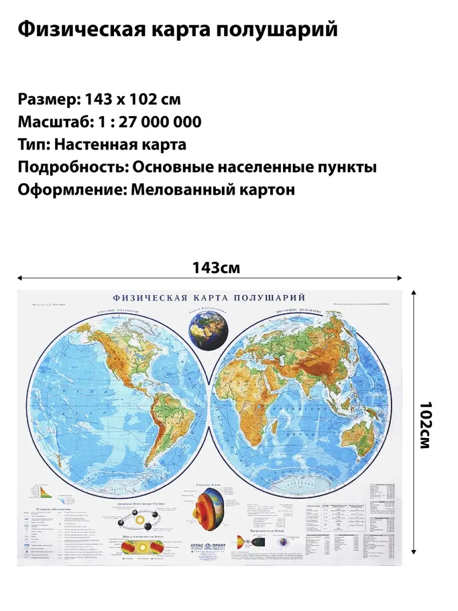 Настенные учебные карты по географии «Политическая карта полушарий» купить с доставкой по России