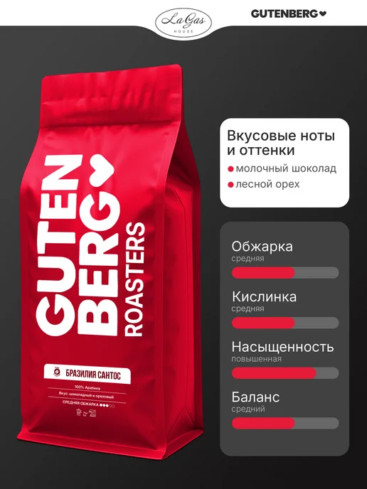 Gutenberg Кофе в зернах 1 кг Бразилия сантос, 1 кг, фото 2