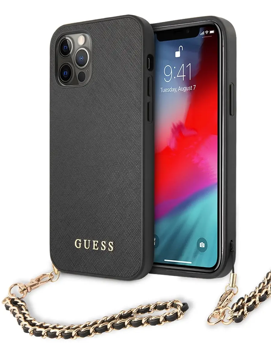 Чехол на iPhone 12 и 12 Pro из экокожи с цепью PU Saffiano GUESS 32741400  купить в интернет-магазине Wildberries