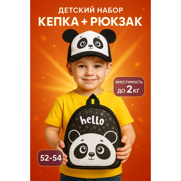 Рюкзак и кепка с ушками детский набор Панда