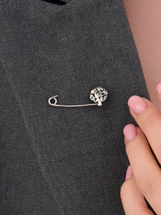 Серебряный Дом OUTLET Брошь булавка серебряная 925 зеленое дерево с фианитами, серебристый, фото 2