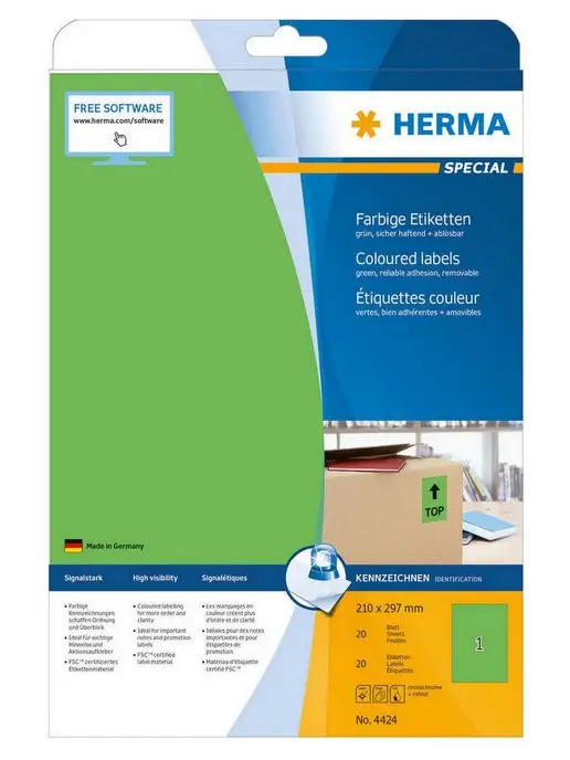Herma Самоклеящиеся этикетки бумажные матовые зеленые А4 210*297мм, зеленый, фото 3