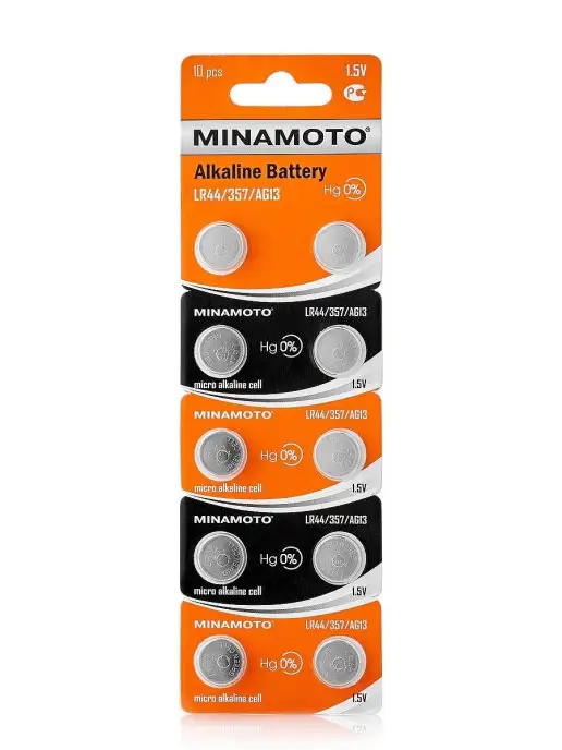 MINAMOTO Батарейки AG13 LR44 А76 357A алкалиновые дисковые 10шт, 1.5V, 10 шт