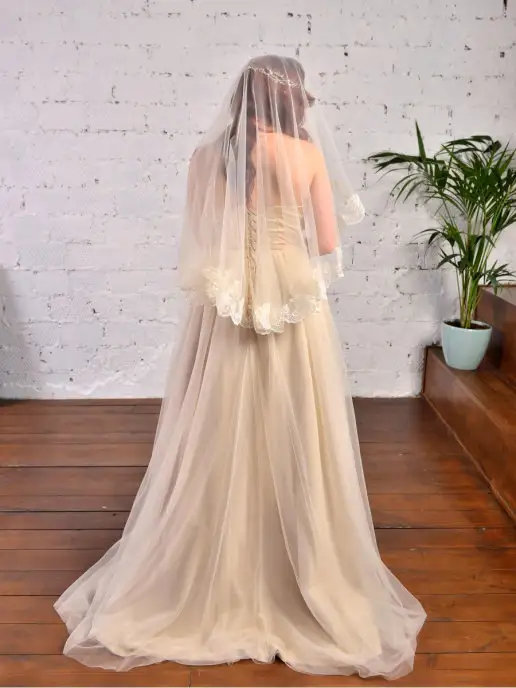 Romantic Wedding Фата невесты с кружевом цвета шампанского испанка без гребня, бежевый, фото 2