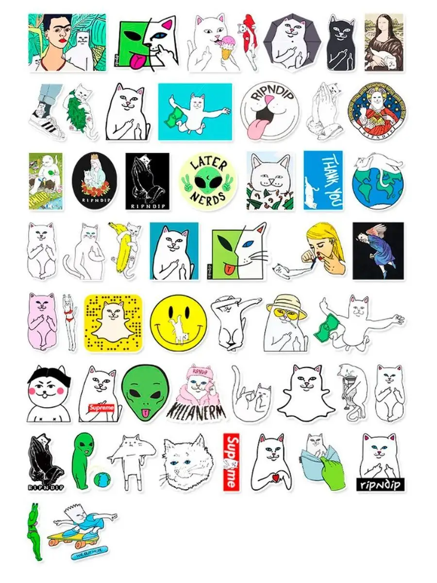 Набор наклеек Кот RIPNDIP 53 шт Ripndip стикеры на телефон STICKER BOMBING  33567514 купить в интернет-магазине Wildberries