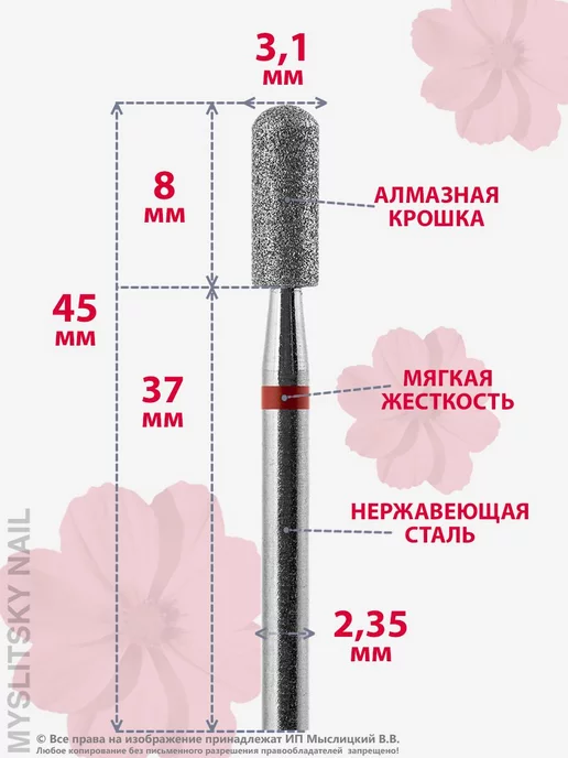 ВладМиВа Фреза алмазная для маникюра, педикюра цилиндр для кутикулы, кутикулы, фото 2