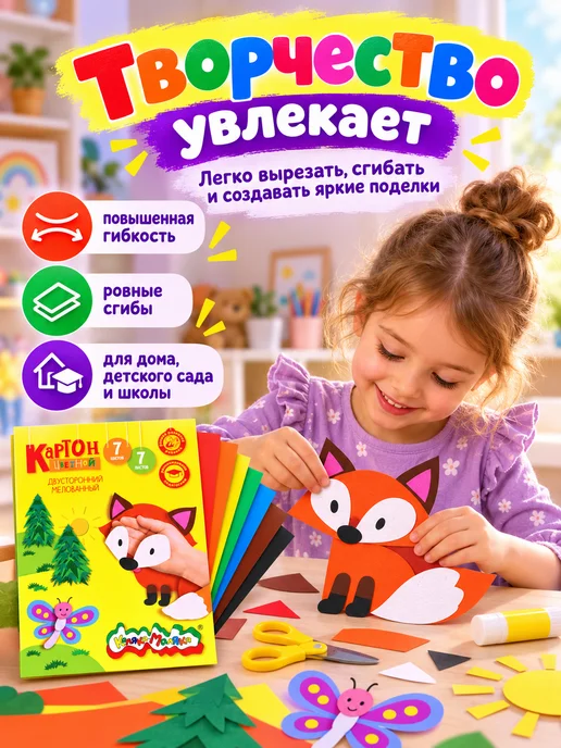КАЛЯКА-МАЛЯКА Цветной картон двусторонний для школы А4 7 цветов 7 листов, 7 цв., фото 4