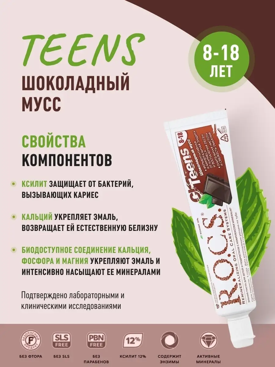 Зубная паста Teens Шоколадный мусс, от 8 до 18 лет, 74 г R.O.C.S. 34213093  купить в интернет-магазине Wildberries