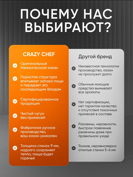 CRAZY CHEF Узбекский казан чугунный с крышкой 10 л для костра и мангала, 22 л, фото 8