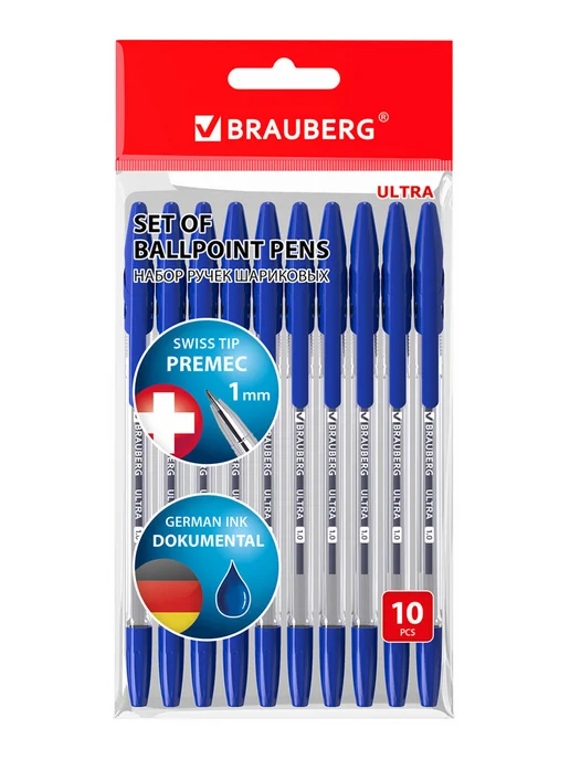 Brauberg Ручки шариковые синие набор для школы 10 штук, узел 1 мм, синий, фото 6