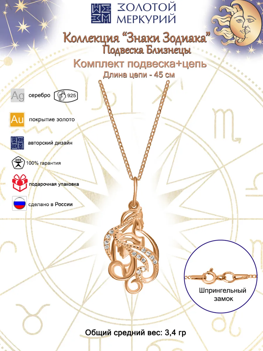Подвеска Близнецы Знак Зодиака с цепочкой серебро
