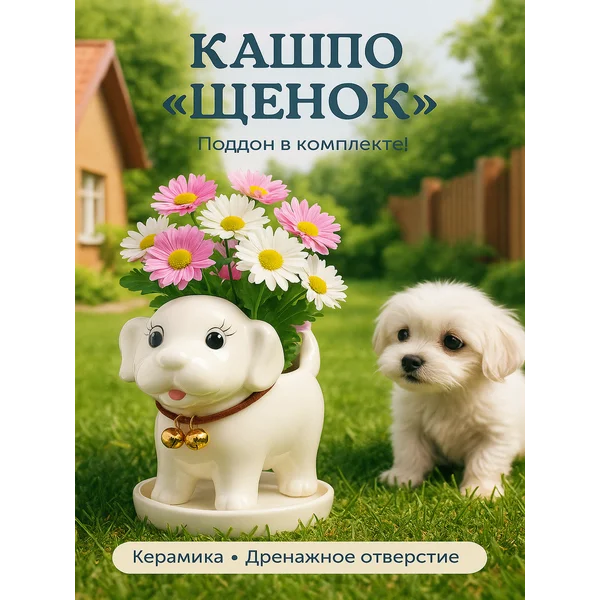 Кашпо с поддоном «Щенок», цветочное.