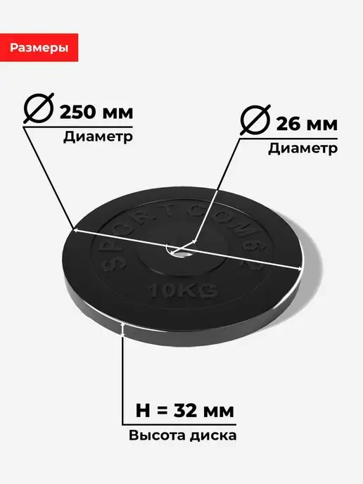 Barfits Диск 10кг обрезиненный металлический для штанги 26мм, 10 кг, фото 2