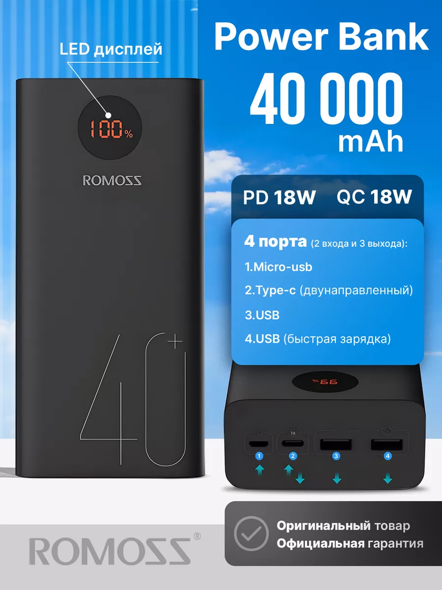 Внешний аккумулятор повербанк PEA40 40000 mAh 18W Romoss 35210221 купить за  2 523 ₽ в интернет-магазине Wildberries