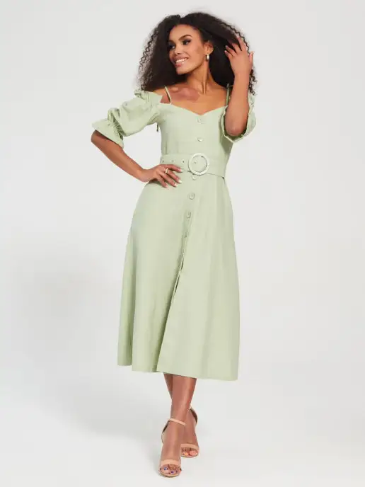 Plus Surplice Neck Self Belted Lantern Sleeve Dress