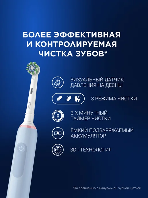 Oral-B электрическая зубная щетка pro 3 3000 голубая датчик нажима, голубой, фото 7