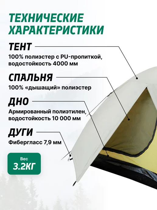 Tramp Палатка туристическая 2 местная Tourist 2, желтый, фото 2