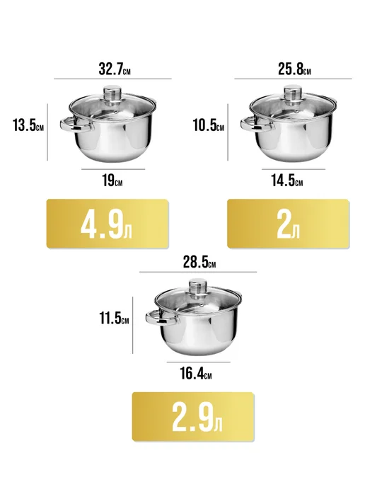 Набор кастрюль с крышками 3 шт. нержавейка - фото 2