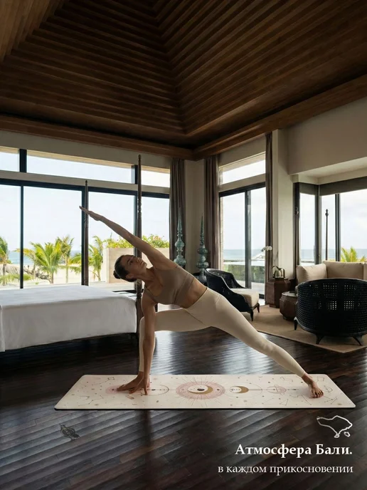 Yoga Club Тревел коврик для йоги каучуковый тонкий легкий с рисунком, бежевый, фото 4