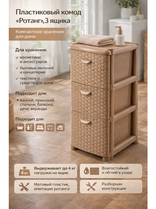BestHome Комод пластиковый Ротанг узкий, бежевый, фото 3