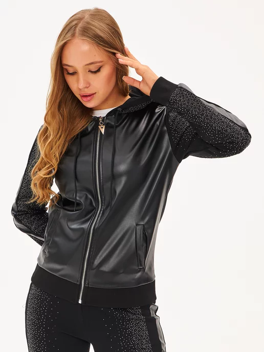 MODA Спортивный костюм на молнии черный со стразами, черный, фото 4