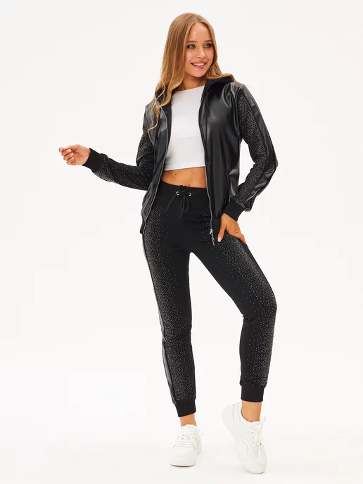 MODA Спортивный костюм на молнии черный со стразами, черный, фото 6