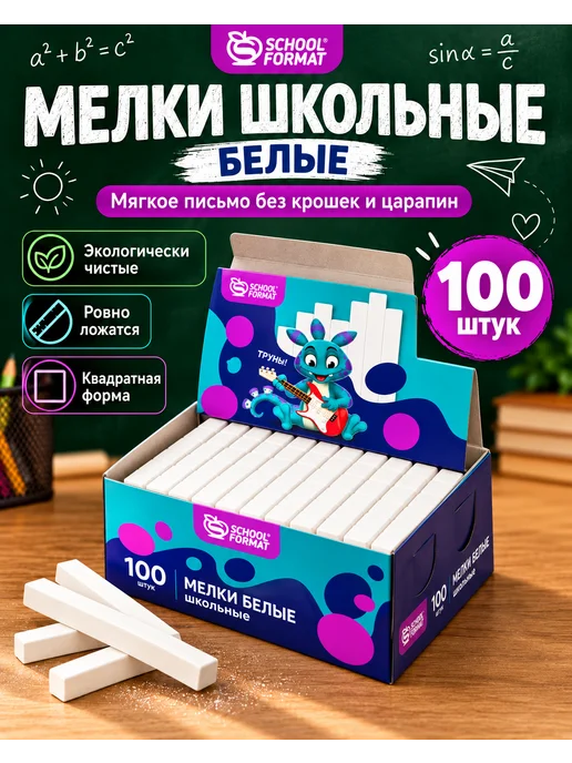 Schoolformat Мелки белые для рисования на асфальте и доске 100 штук, белый