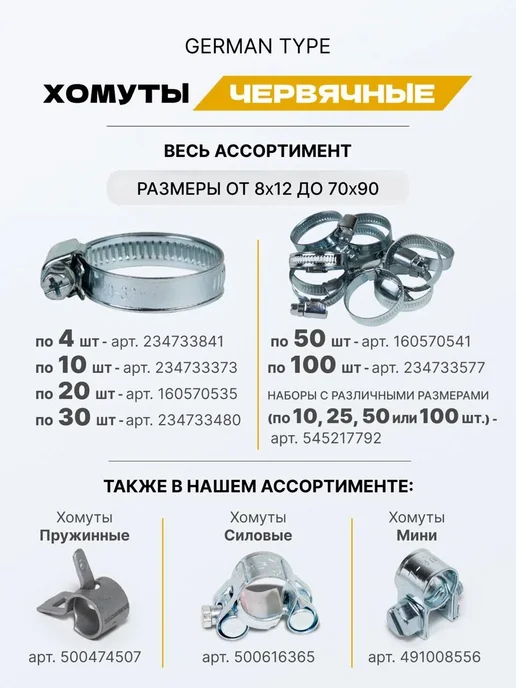 German Type Набор червячных хомутов (5 размеров, 50 штук), серый, фото 2