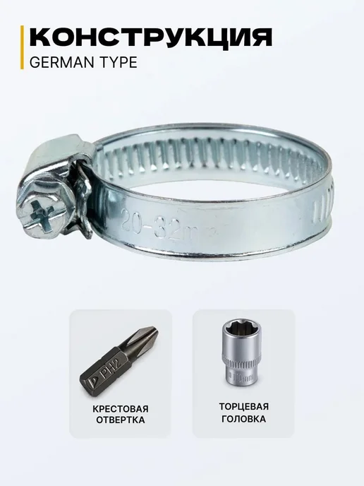 German Type Набор червячных хомутов (5 размеров, 50 штук), серый, фото 4