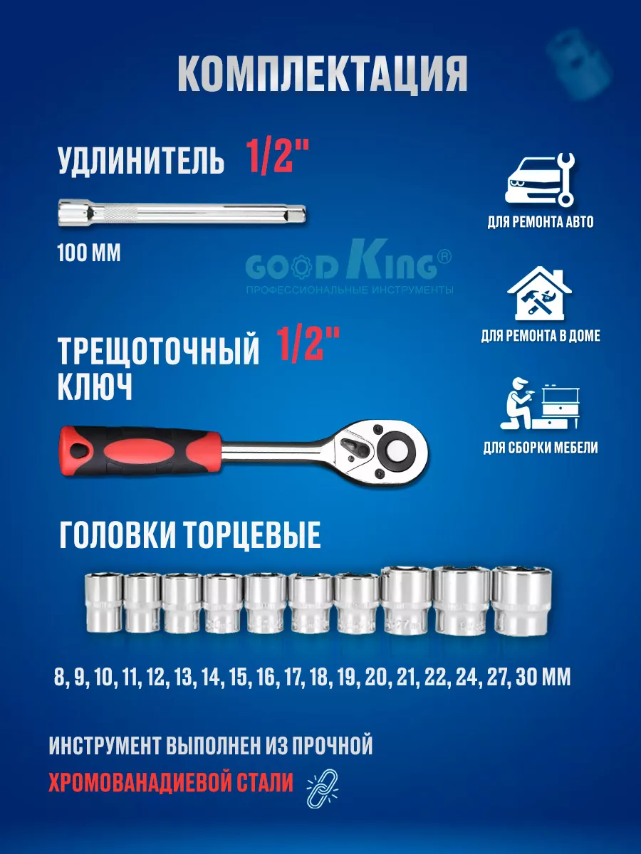 Набор торцевых головок и ключ трещотка 1/2