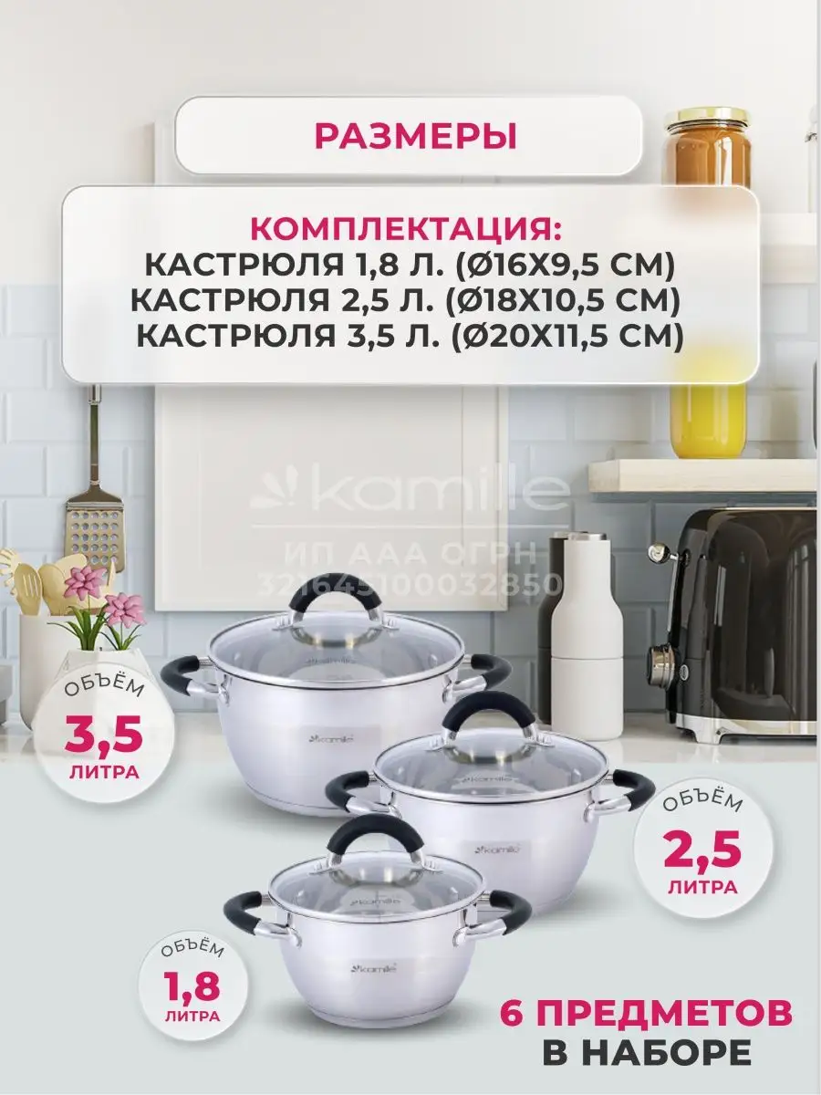 Набор кастрюль из нержавеющей стали 3 шт 1.8л, 2.5л, 3.5л KAMILLE 37871193  купить в интернет-магазине Wildberries