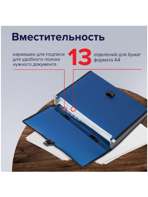 Brauberg Папка-портфель пластиковая А4 13 отделений, синий, фото 3